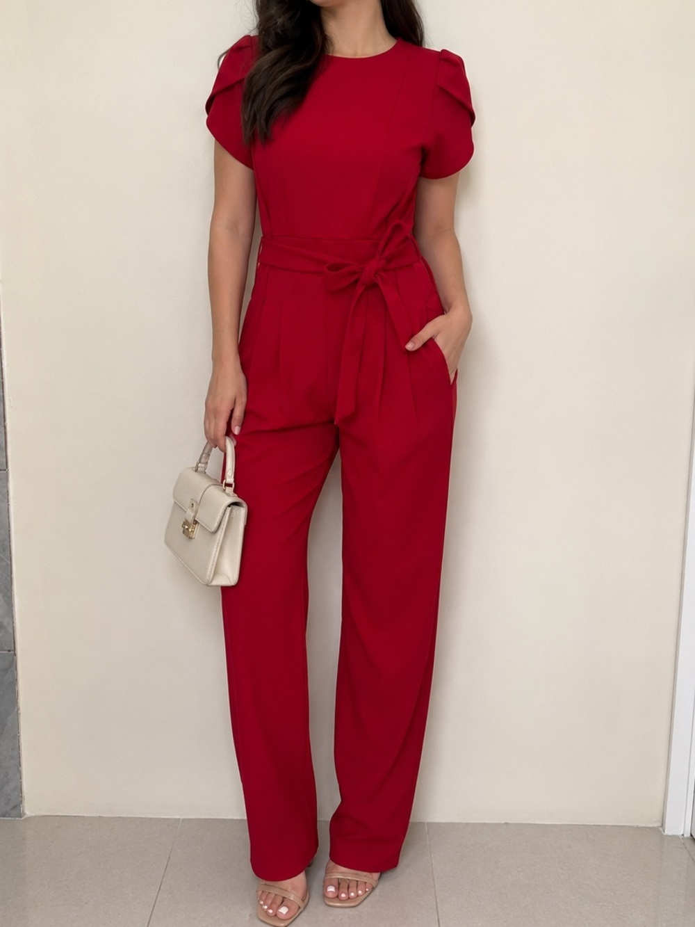 Calvin Klein Red Puff-Sleeve Tie-Waist Jumpsuit Size 4